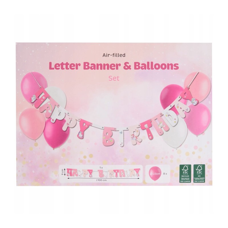 GIRLANDA URODZINOWA Z BALONAMI. HAPPY BIRTHDAY. 100 cm. RÓŻOWA