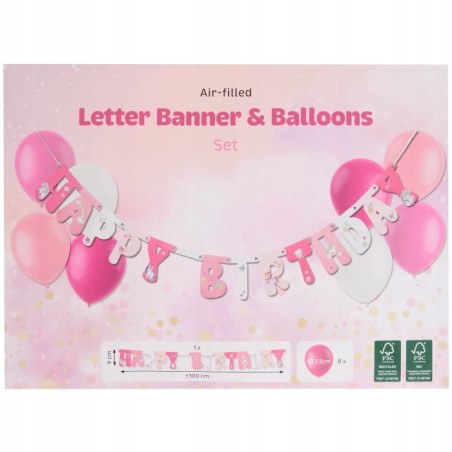 GIRLANDA URODZINOWA Z BALONAMI. HAPPY BIRTHDAY. 100 cm. RÓŻOWA