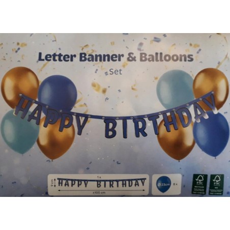 GIRLANDA URODZINOWA Z BALONAMI. HAPPY BIRTHDAY. 100 cm. NIEBIESKA