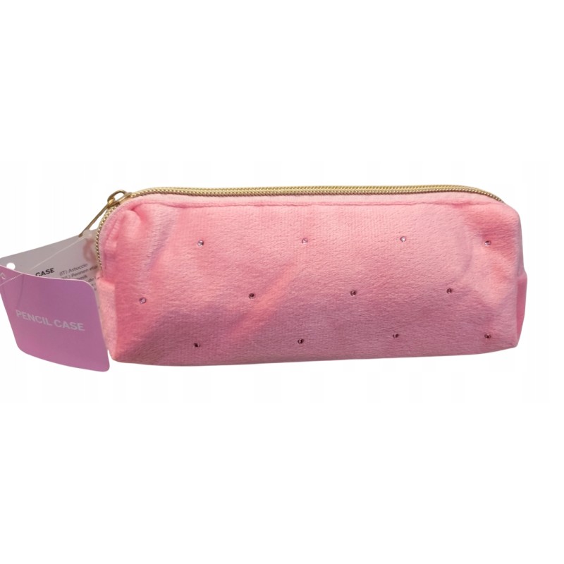 Piórnik saszetka kosmetyczka pluszowa różowa z cyrkonie glamour