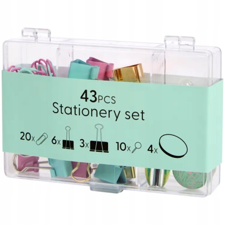 Zestaw akcesoria biurowe spinacze klipsy pinezki magnesy 43 elem. w pudełku