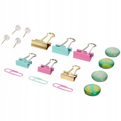 Zestaw akcesoria biurowe spinacze klipsy pinezki magnesy 43 elem. w pudełku