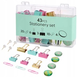 Zestaw akcesoria biurowe spinacze klipsy pinezki magnesy 43 elem. w pudełku